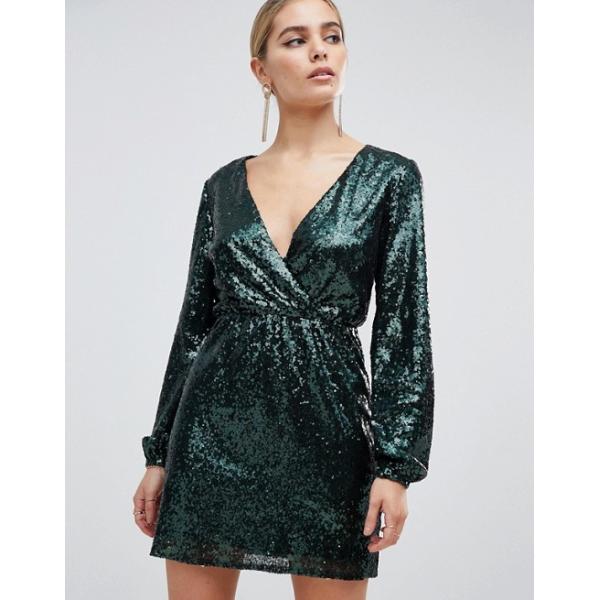 Buy OEM sequin wrap front long sleeve green skater dress at wholesale prices