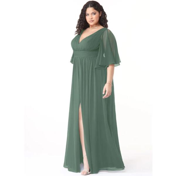 Elegant Wholesale Ruched Chiffon Long Bridesmaid Dress Short Cap Sleeves V-Neck Ruched Front Split Slit Floor-Length