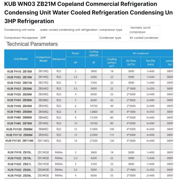 KUB WN03 ZB21M Copeland Commercial Refrigeration Condensing Unit Water Cooled 3HP Refrigeration