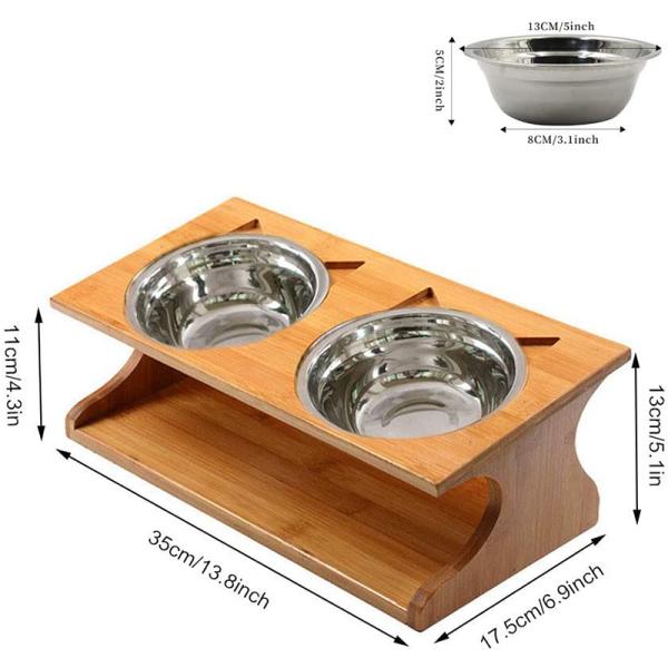 35x17.5x13cm Bamboo Elevated Dog Cat Food Stand Feeder with 2 Stainless Steel Raised Bowls Customer Logo