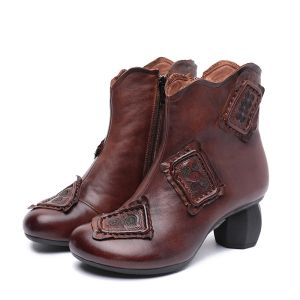 S319 Leather Stitching Women'S Mid-Tube High-Heeled Boots, Retro Ethnic Art