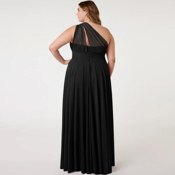 Sexy Plus Size A-Line One-Shoulder Chiffon Floor-Length Bridesmaid Dress Black Sleeveless Back Zipper Pleated
