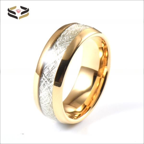 8mm Gold Tungsten Carbide Ring with Meteorite Inlay Sophisticated Addition to Religious Wedding Bands