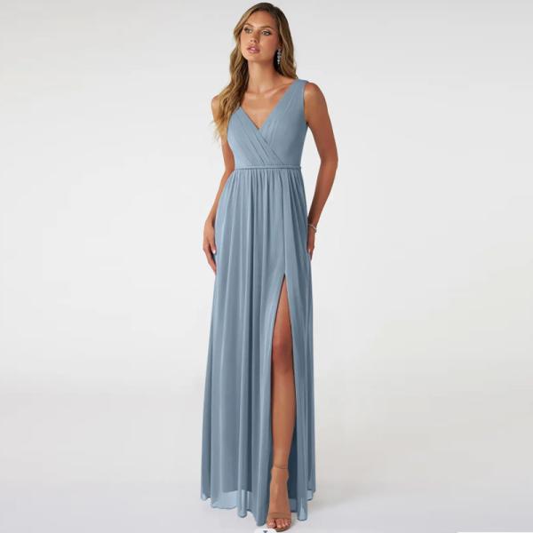 Elegant A-Line Front Split Slit Sky Blue Chiffon V-Neck Sleeveless Pleated Backless Plus Size YKK Zipper