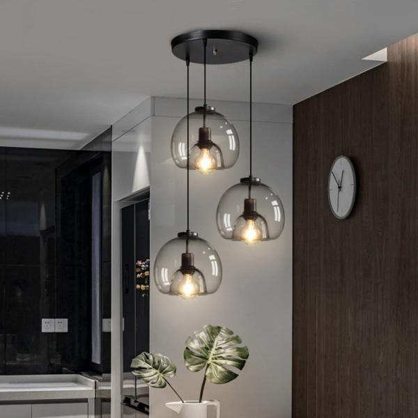 Nordic LED Pendant Lamp E27 Black Chandelier For Living Room Dining Room Kitchen Bedroom Modern Gray GlassLamp(WH-GP-32)