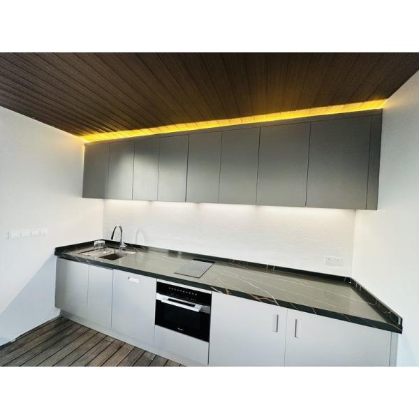 Minimalist Stainless Steel Outdoor Kitchen Cabinet Units With Black Quartz Countertops Island