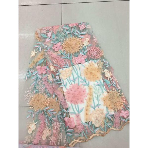 Bead Embroidered Lace Fabric, Scalloped Multi Color 3D Flower Lace Fabric For Dress