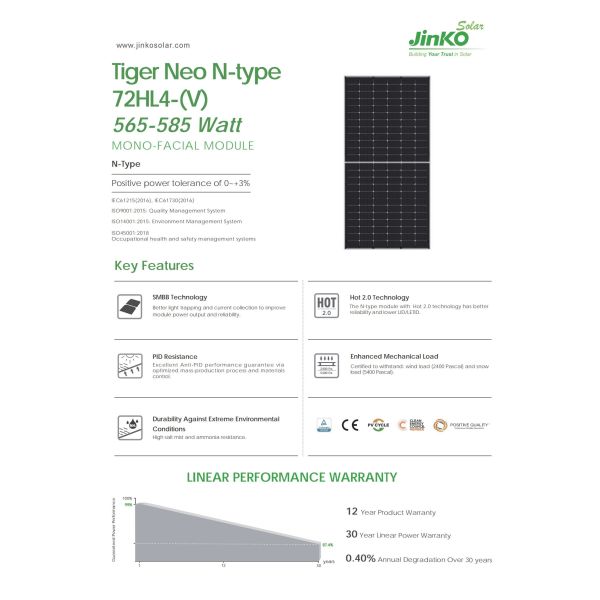 565-585 Watt JinKo PV Modules 570W Jinko Solar Tiger Mono Facial
