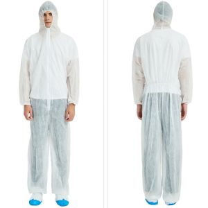 White Blue Disposable Protective Coverall Elastic Cuff Dustproof With Breathable