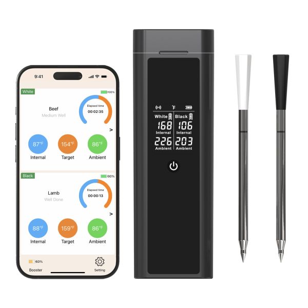 Buy IP67 Waterproof Smart Wireless Meat Thermometer Controlled By Phone APP Dual Probe Thermometer with LCD Screen at wholesale prices