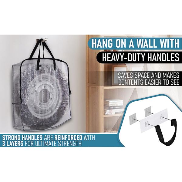 Tire inside an extra-large clear storage bag that is hanging on the way by its strong handles.