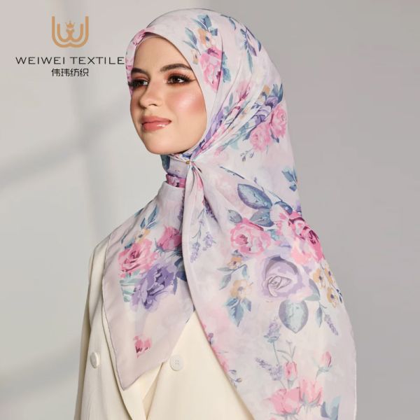 Cotton Voile Floral Design Hijab for Muslim Women Square Party Headscarf Tudung Bawal Spring Season Traditional Scarves Shawls