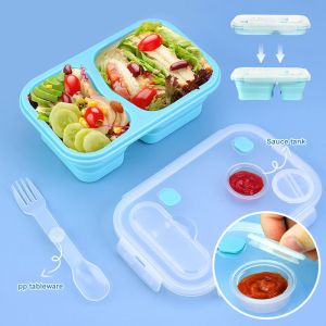 Microwave Safe 3 Compartment Collapsible Silicone Bento Box With Fork