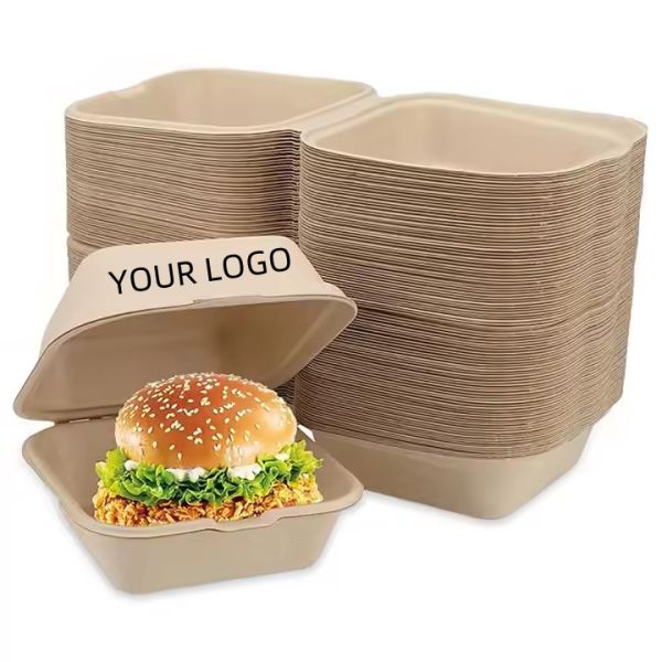 Buy Wholesale Customized Burger Clam Shell Eco-friendly Sugarcane Bagasse Fast Food Burger Box Container at wholesale prices