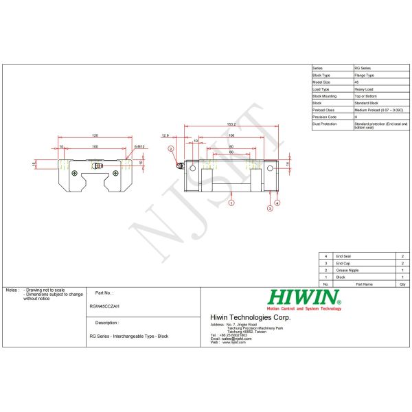 HIWIN RGW45CC Rail Carriage Block Slider Linear Guide Rail 45mm Size