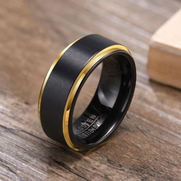 Silver Blue Gold Black Tungsten Wedding Band for Men 8mm Matte Brushed Finish Step Edges Comfort Fit Inlay Technology