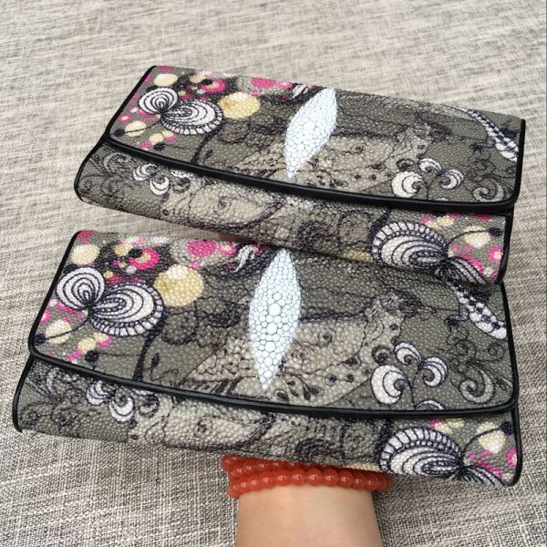 Authentic True Stingray Skin Female Zipper Coin Pocket Genuine Leather Lady Large Gray Clutch Wallet Women's Card Purse