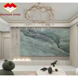 Modern Hotel Dining Table with Polished Green Marble Surface and Custom Graphic