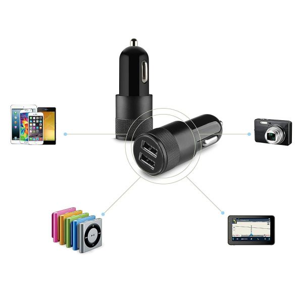 5V2.1A knurling dual USB car charger for mobile phone metal rings type