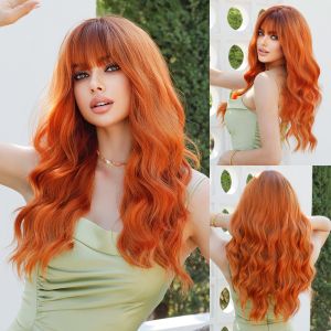 Fashion Long Body Wave Dark Root Hair Orange Synthetic Wigs For Women