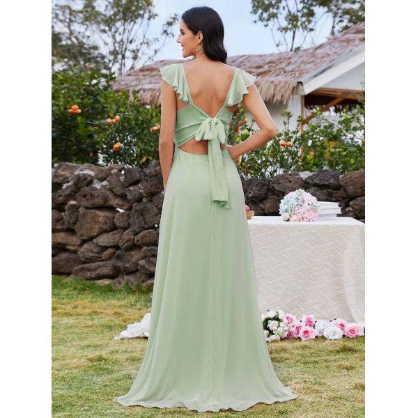 Ruffle Sleeves Sweep Train Bow-tie Backless And High Slit U-neck Mint Green Chiffon Bridesmaid Dress