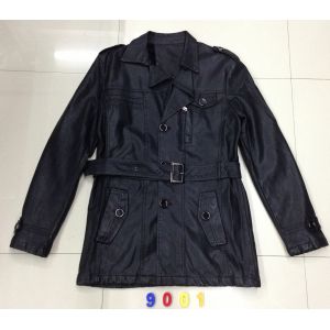 9001 Men's black pu fashion long jacket coat stock