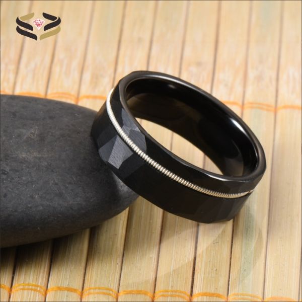 Mens Fashion Black Faceted Finish Hammered Tungsten Wedding Band With White Guitar String Inlay Comfort Fit Invisible Setting