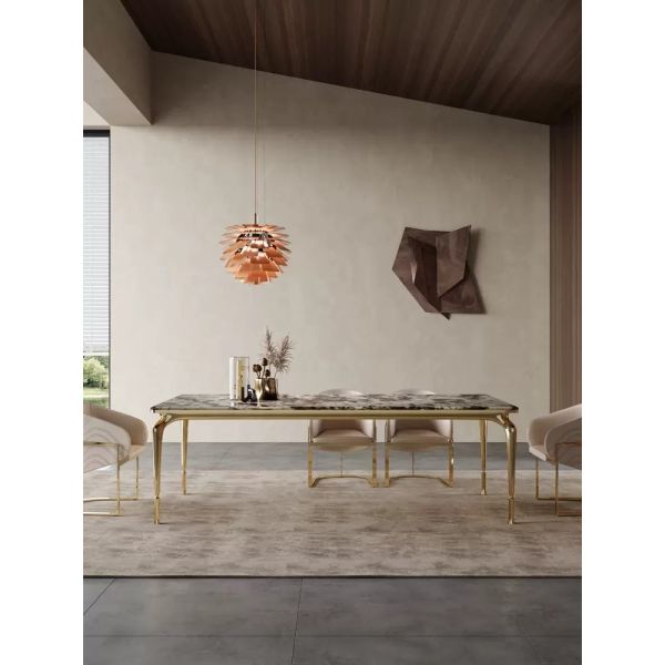 Italian Hotel Restaurant Furniture Rectangular Natural Marble Stainless Steel Metal Dining Table