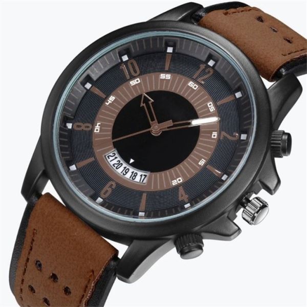 Quartz Movement Large Dial Mens Wrist Watches Black Casual Watches Leather Straps 23cm