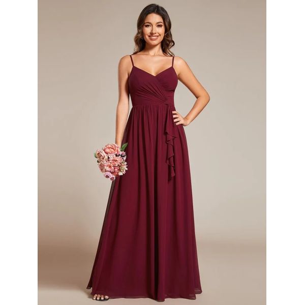 Sexy Maxi V-neck Lotus Leaf Pleating Spaghetti Strap A-line Burgundy Chiffon Bridesmaid Dress