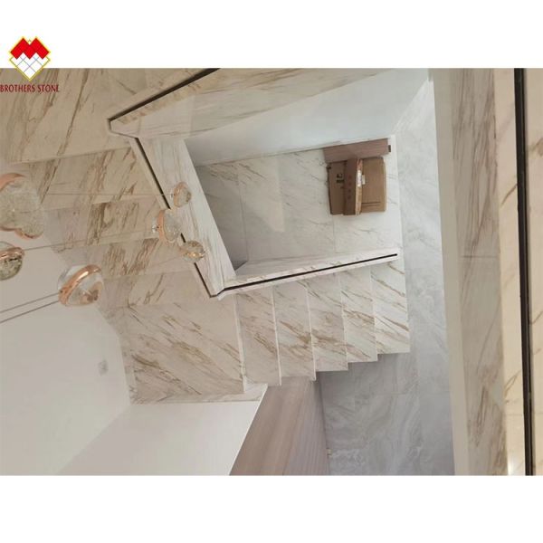 Customized Size Venus Gold Calacatta Marble Spiral Staircase Tread Indoor Modern LED Light and Anti-Slip Design