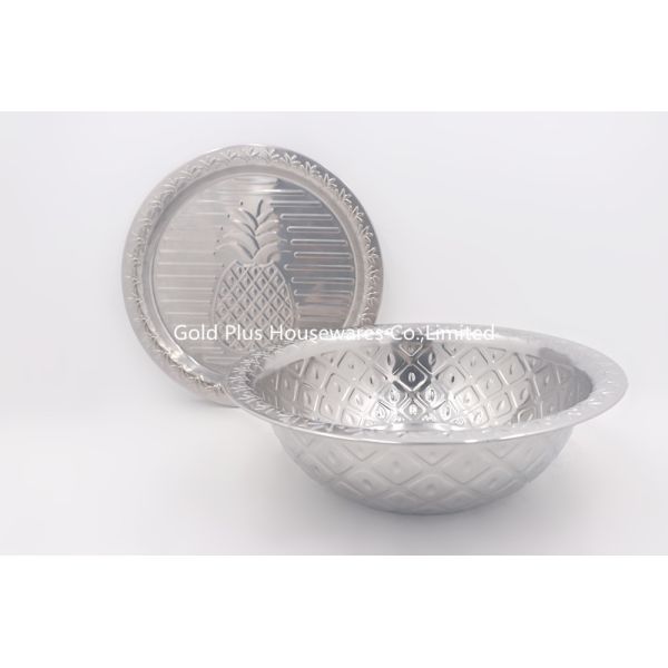 Buy 32cm Cookware metal steel safe salad bowl big round deep mixing basin with pattern lid at wholesale prices