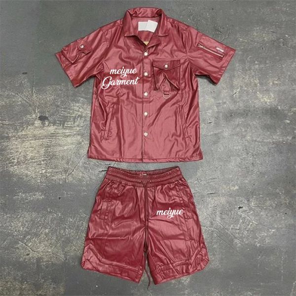 Custom Leather Polo Shirts Shorts 2 Piece Set Sweatsuits Button up Polo T Shirt Drawstring Cargo Shorts Pants Tracksuits for Men