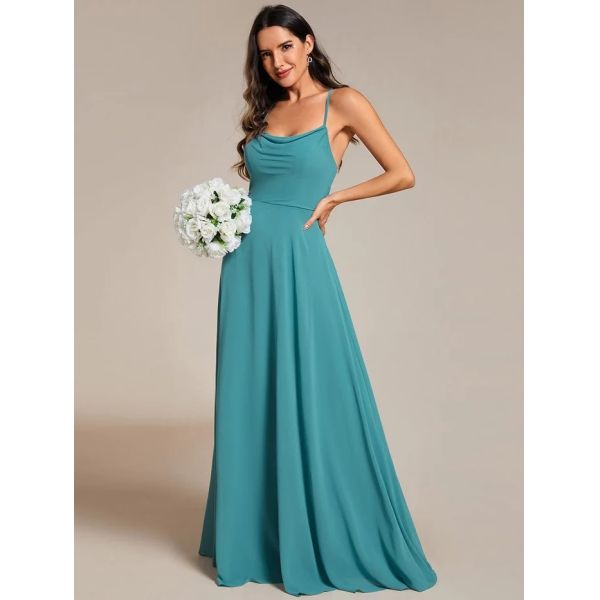 Boat Neck Empire A-line Ruffled Adjustable Spaghetti Strap Zipper Dusty Blue Chiffon Prom Dress