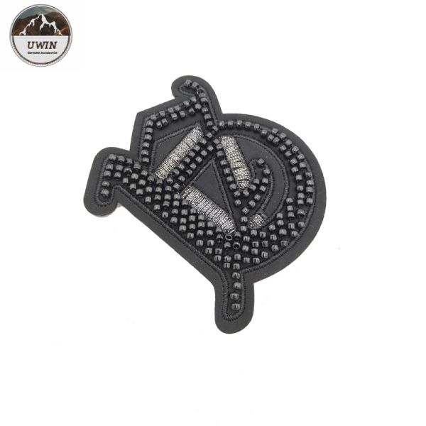 OEM 3D Sew On Letter Patches , Black Beaded Applique Patches Customized Size