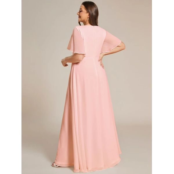 Empire Plus Size Applique Short Sleeve A-line V-neck Flutter Sleeves Invisible Zipper Pink Chiffon Party Dress