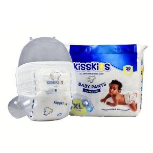 China Silk Soft Film Backsheet Pull Up Baby Diaper Blue ADL Elastic Waist on sale