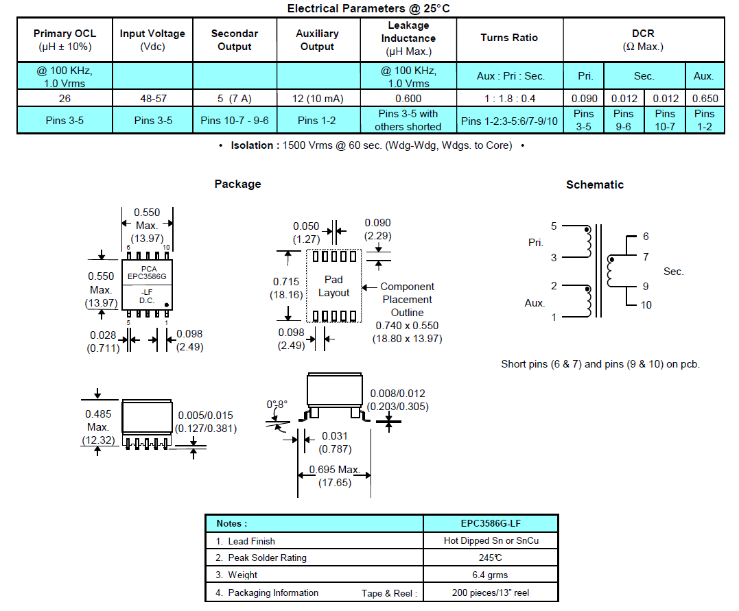 EPC3586G-LF SMPS PoE Synchronous Flyback Transformer Designed to work with Linear Tech LT4276A and LT4295