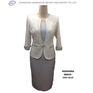 Grey-blue/pink collarless blended woven ladies dress suit