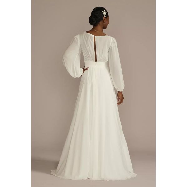 Dreamy Long Billow Sleeve A-line Keyhole Back Zipper V-neck Split Slit Pleated Ivory Chiffon Wedding Dress