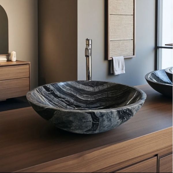 Ancient Wood Grain Stone Bathroom Sink Glacier Veined Stone Sink Basin Durable For Luxury Hotel