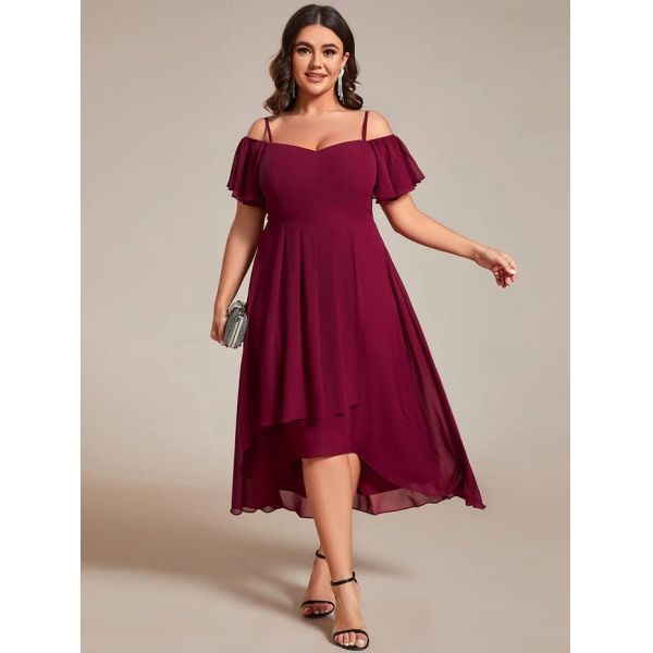 Empire Off-shoulder Spaghetti Strap Zipper High-low Wedding Guest Dresses Short Sleeves Burgundy Chiffon Evening Dress