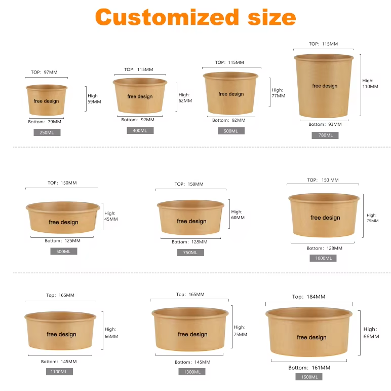 Eco-Friendly Custom Logo Kraft Paper Bowls Recyclable Disposable Takeout Containers for Food Packaging