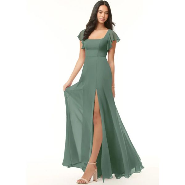 New Arrived Summer Flowy Ruffled Chiffon Long Evening Dress Cap Sleeve Square Neck Ruched