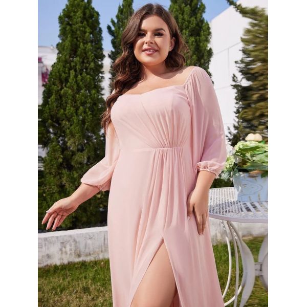Plus Size Ruffled Long Sleeve High Slit Off-shoulder High Slit Pink Chiffon Bridesmaid Dresses