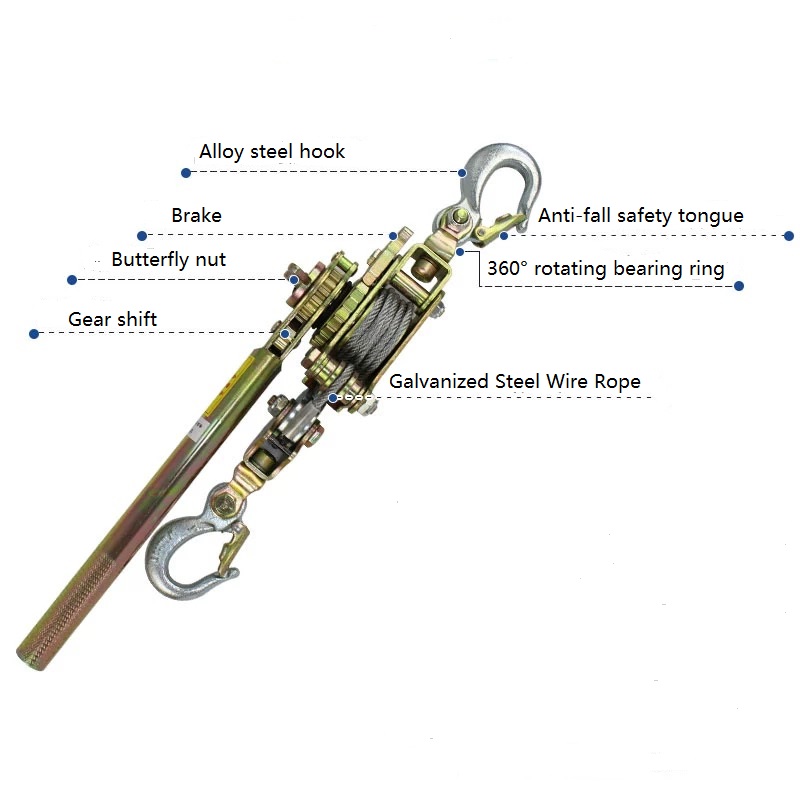 2T Double Hook Ratchet Wire Rope Cable Hand Puller With 6mm 2.4M Long Steel Rope