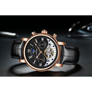 KINYUED moon phase skeleton watch tourbillon mens automatic mechanical watch