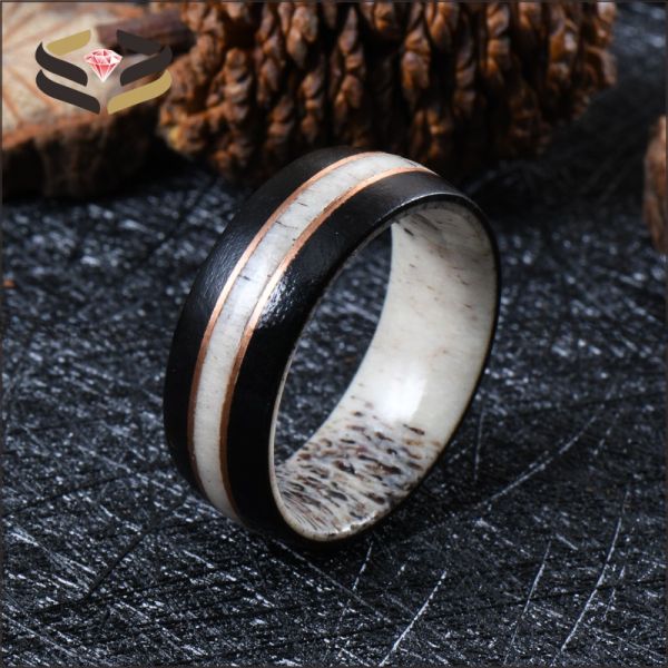 8mm Nature Deer Antler Ring with African Ebony Wood and Rose Gold Circle Inlay Wedding Band Plating N/A