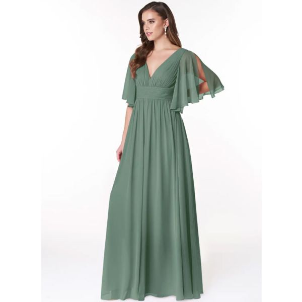 Elegant Wholesale Ruched Chiffon Long Bridesmaid Dress Short Cap Sleeves V-Neck Ruched Front Split Slit Floor-Length