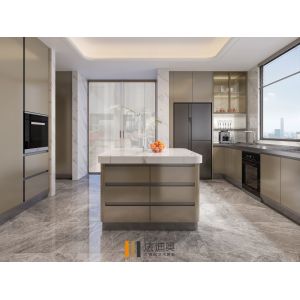 Full Encompassing Modern Kitchen Cabinet With Mica Brown Finish And Central Square Island